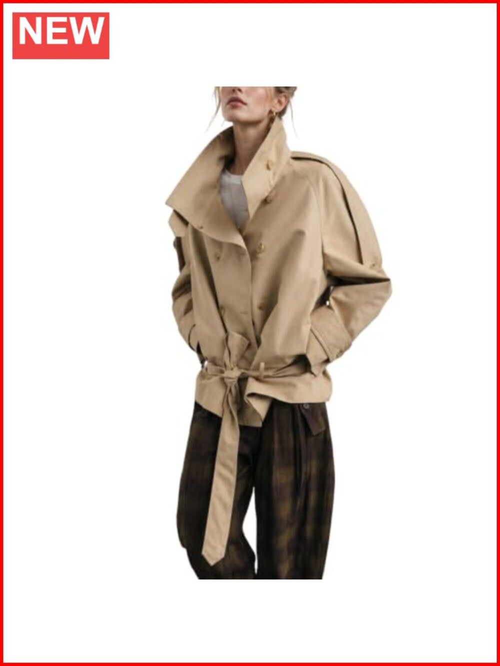 Women's Cropped Trench Coat Double Breasted High Neck Short Jacket